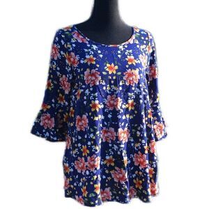 2/$10 Red Lolly Tunic Blue and Red Floral Bell Sleeves Rayon Size Small BUNDLE